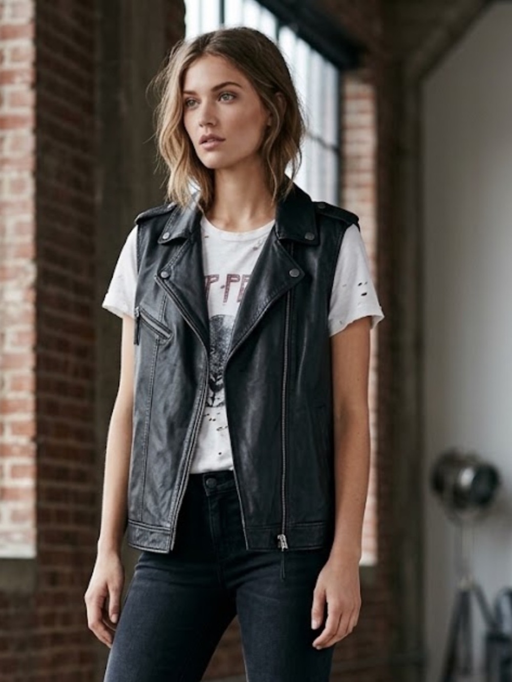 Treasure & Bond Black Leather Sleeveless Moto Vest Size M